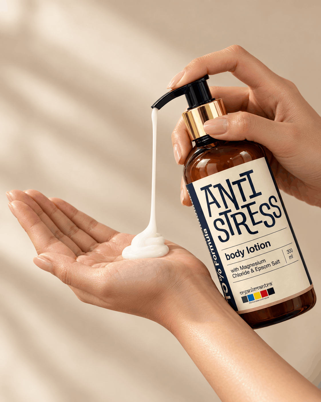 Pump Anti Stress Body Lotion into palm